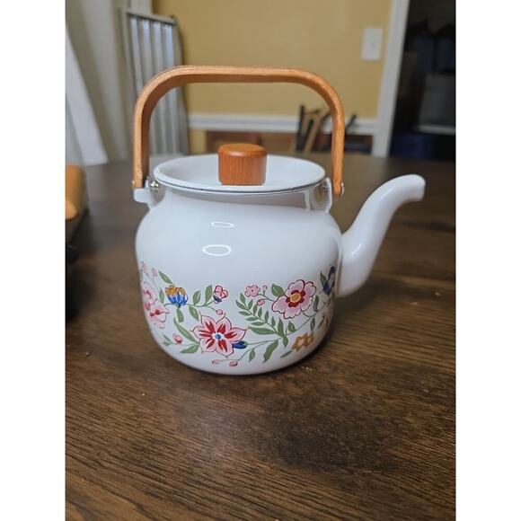 Vintage 80s Gailstyn-Sutton Enamelware Teapot Kettle Country Flower Wood Handle - Picture 14 of 16